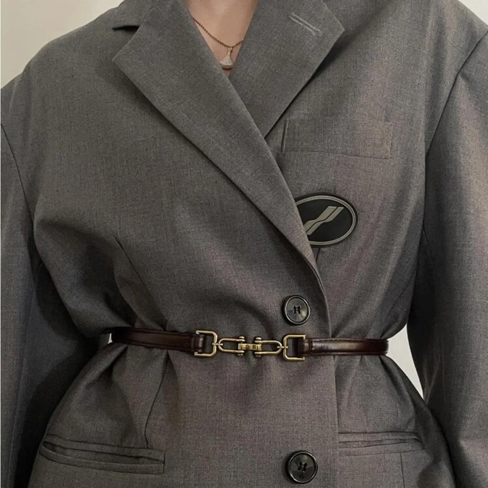 New Elegant Coffee Brown Faux Leather Gold Brushed Buckle Thin Adjustable Belt